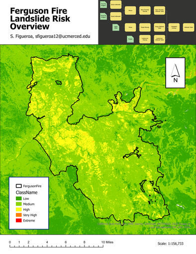 Slope Index Map of the Ferguson Fire in 2018. Known Issue: Much more land should have been classified as "Very High" or "Extreme" for Landslide Risk